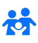 Blue icon of two children and a heart representing caring ABA and learning support.